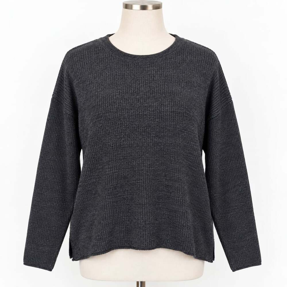 Eileen Fisher L Organic Linen Sweater Ribbed Charcoal Italian Yarn Boxy Crewneck